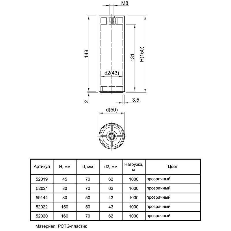 Furniture leg Ferro Fiori PL 11001, d=50, h=150, load 1000 kg