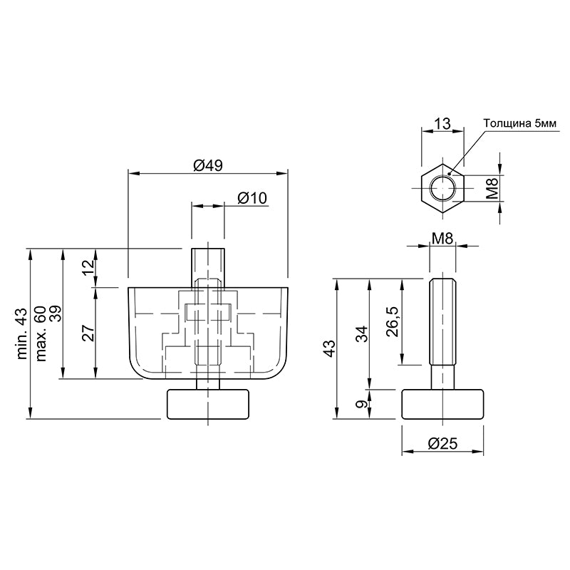 Adjustable furniture leg - big, Manhattan h=27-39 mm, max 50 kg