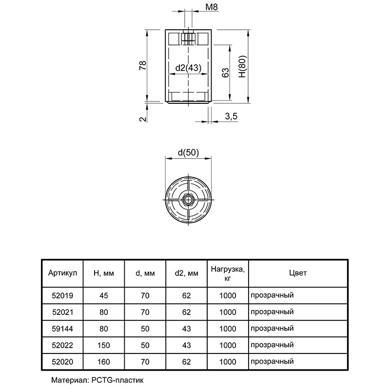 Furniture leg Ferro Fiori PL 11001, d=50, h=150, load 1000 kg