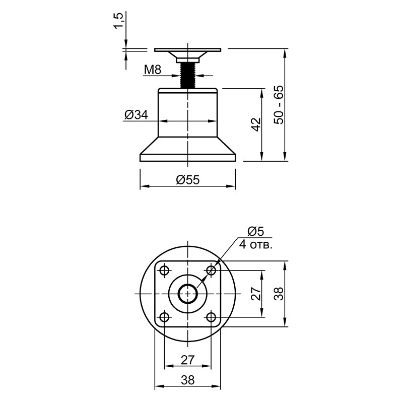 Adjustable furniture leg HTS 541, Ø 55, h=50-65mm, max 50kg