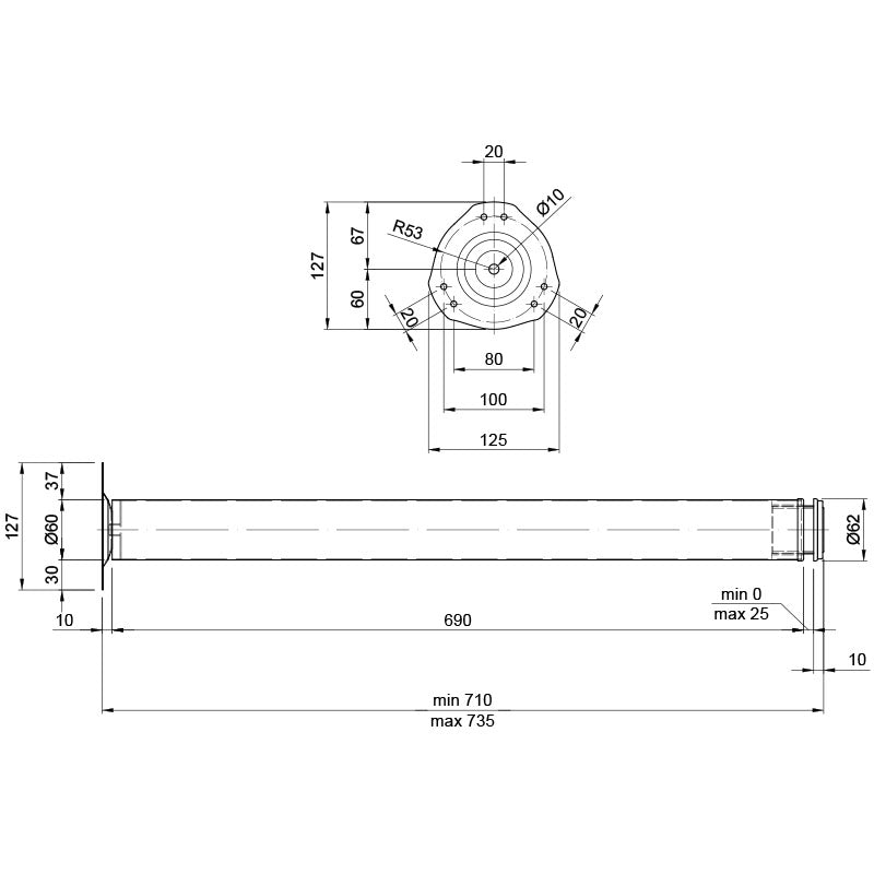 Furniture leg, Ø 60 mm, h=710 mm, max 50 kg, chrome