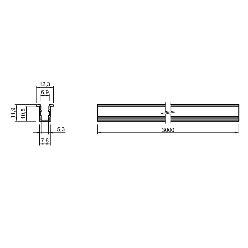 Profile for LED strip, L = 3m, aluminum, anodised silver